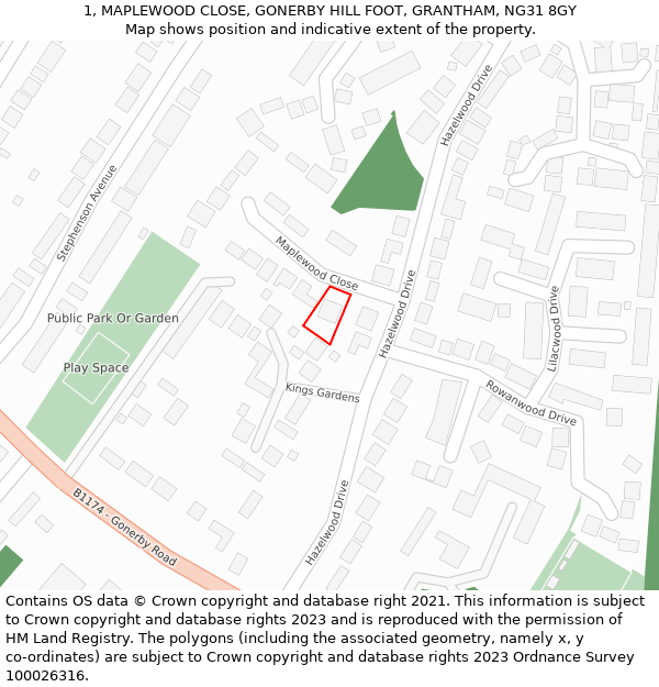 1, MAPLEWOOD CLOSE, GONERBY HILL FOOT, GRANTHAM, NG31 8GY: Location map and indicative extent of plot