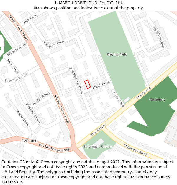 1, MARCH DRIVE, DUDLEY, DY1 3HU: Location map and indicative extent of plot