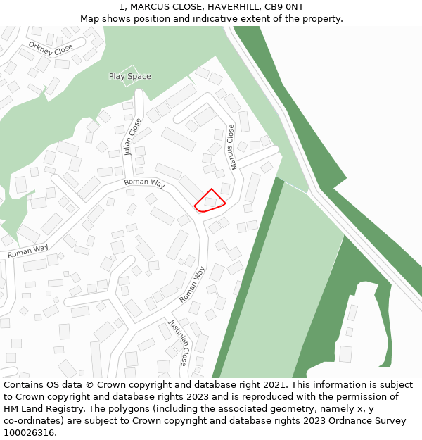 1, MARCUS CLOSE, HAVERHILL, CB9 0NT: Location map and indicative extent of plot