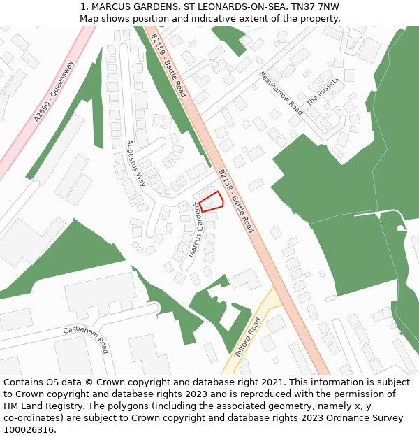 1, MARCUS GARDENS, ST LEONARDS-ON-SEA, TN37 7NW: Location map and indicative extent of plot