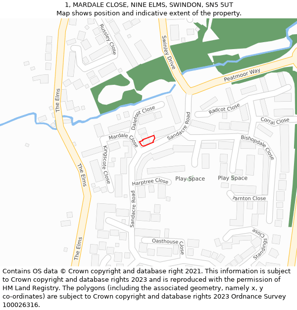 1, MARDALE CLOSE, NINE ELMS, SWINDON, SN5 5UT: Location map and indicative extent of plot