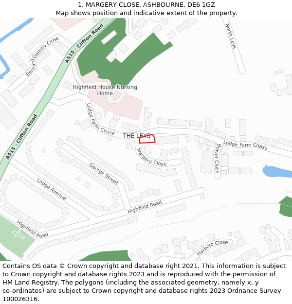 1, MARGERY CLOSE, ASHBOURNE, DE6 1GZ: Location map and indicative extent of plot