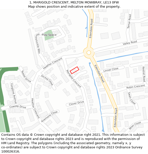 1, MARIGOLD CRESCENT, MELTON MOWBRAY, LE13 0FW: Location map and indicative extent of plot