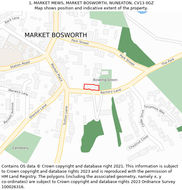 1, MARKET MEWS, MARKET BOSWORTH, NUNEATON, CV13 0GZ: Location map and indicative extent of plot