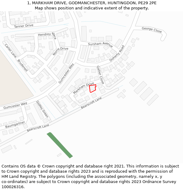 1, MARKHAM DRIVE, GODMANCHESTER, HUNTINGDON, PE29 2PE: Location map and indicative extent of plot