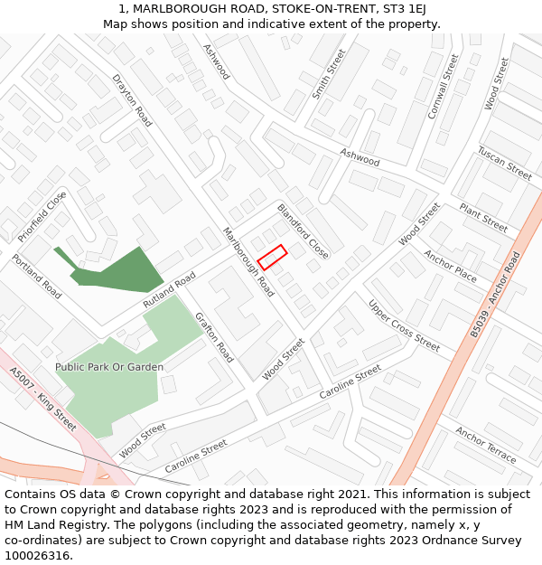 1, MARLBOROUGH ROAD, STOKE-ON-TRENT, ST3 1EJ: Location map and indicative extent of plot