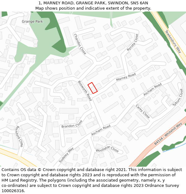 1, MARNEY ROAD, GRANGE PARK, SWINDON, SN5 6AN: Location map and indicative extent of plot