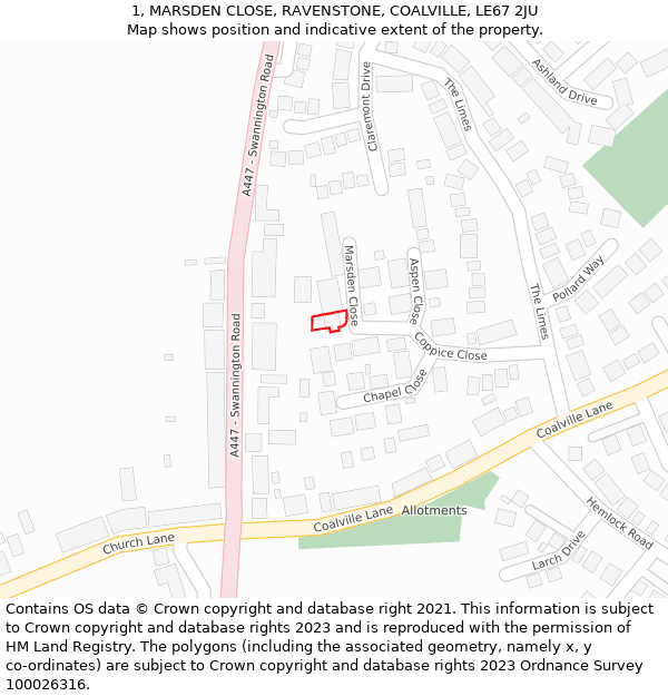 1, MARSDEN CLOSE, RAVENSTONE, COALVILLE, LE67 2JU: Location map and indicative extent of plot