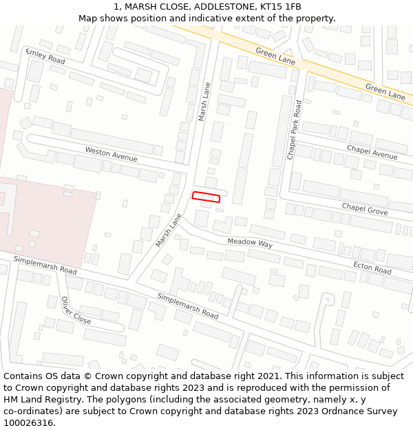 1, MARSH CLOSE, ADDLESTONE, KT15 1FB: Location map and indicative extent of plot