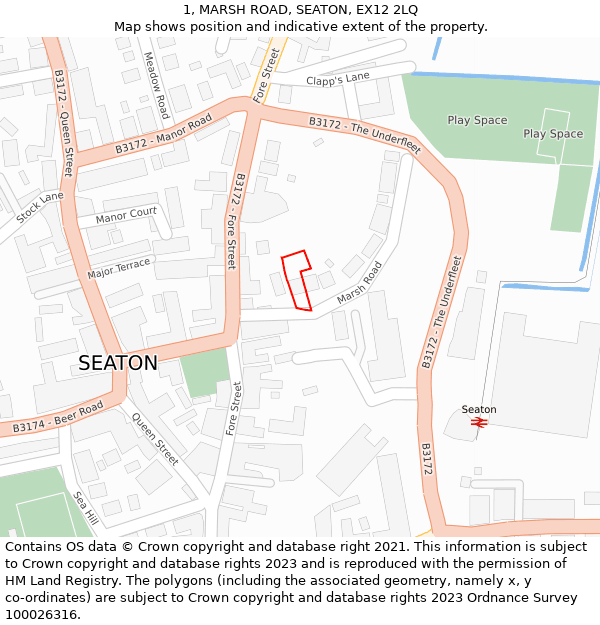 1, MARSH ROAD, SEATON, EX12 2LQ: Location map and indicative extent of plot