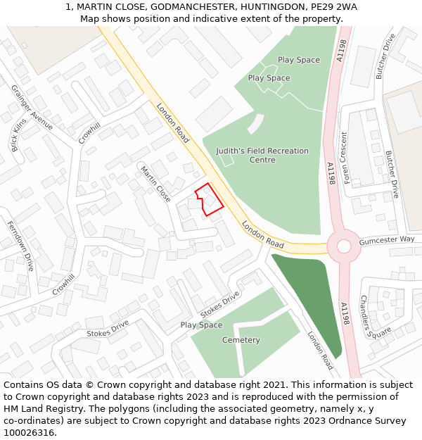 1, MARTIN CLOSE, GODMANCHESTER, HUNTINGDON, PE29 2WA: Location map and indicative extent of plot