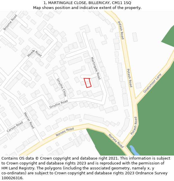 1, MARTINGALE CLOSE, BILLERICAY, CM11 1SQ: Location map and indicative extent of plot