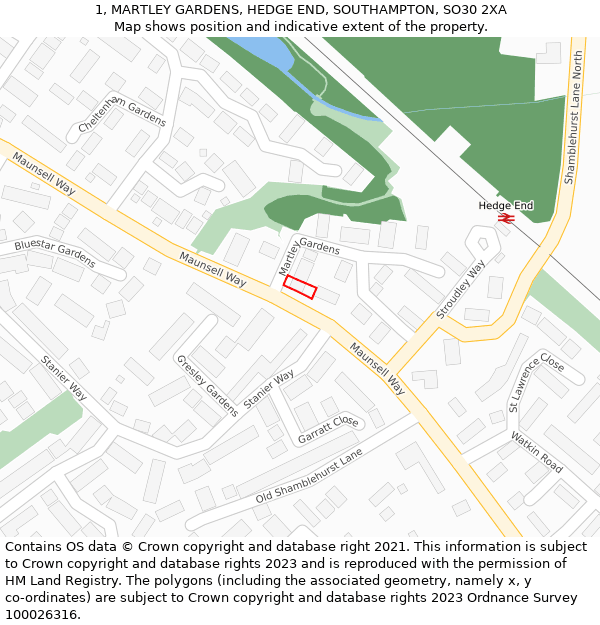 1, MARTLEY GARDENS, HEDGE END, SOUTHAMPTON, SO30 2XA: Location map and indicative extent of plot