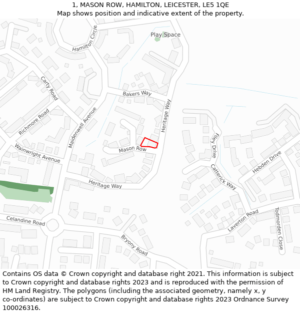 1, MASON ROW, HAMILTON, LEICESTER, LE5 1QE: Location map and indicative extent of plot