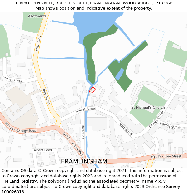 1, MAULDENS MILL, BRIDGE STREET, FRAMLINGHAM, WOODBRIDGE, IP13 9GB: Location map and indicative extent of plot