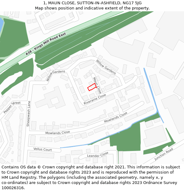 1, MAUN CLOSE, SUTTON-IN-ASHFIELD, NG17 5JG: Location map and indicative extent of plot