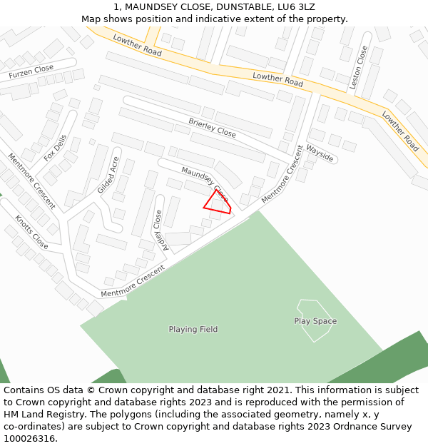 1, MAUNDSEY CLOSE, DUNSTABLE, LU6 3LZ: Location map and indicative extent of plot