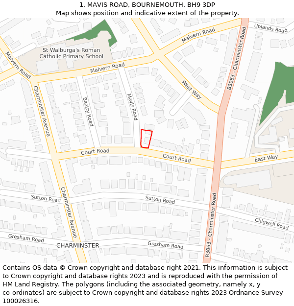 1, MAVIS ROAD, BOURNEMOUTH, BH9 3DP: Location map and indicative extent of plot