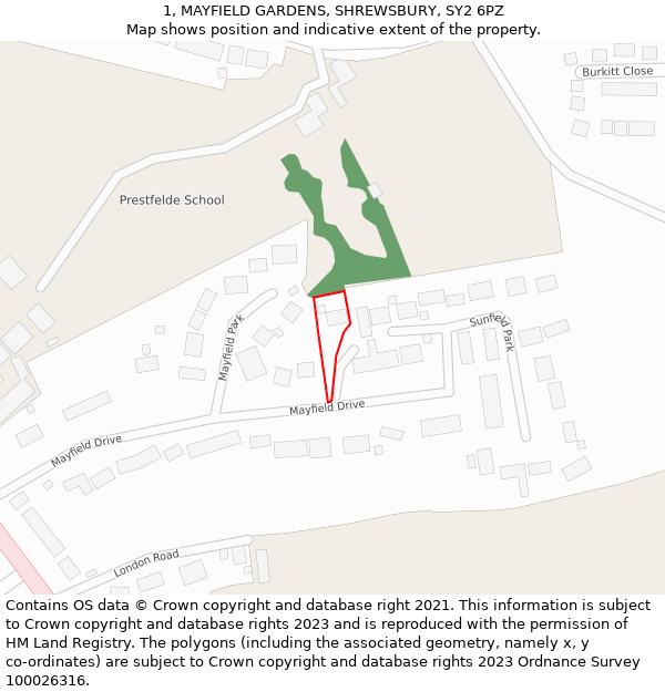 1, MAYFIELD GARDENS, SHREWSBURY, SY2 6PZ: Location map and indicative extent of plot