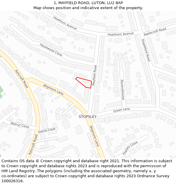 1, MAYFIELD ROAD, LUTON, LU2 8AP: Location map and indicative extent of plot