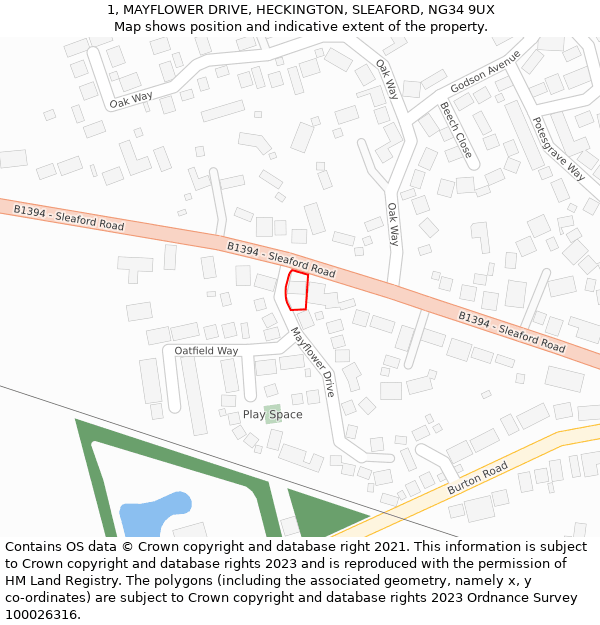 1, MAYFLOWER DRIVE, HECKINGTON, SLEAFORD, NG34 9UX: Location map and indicative extent of plot