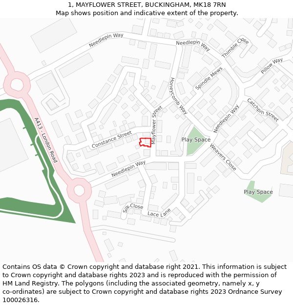1, MAYFLOWER STREET, BUCKINGHAM, MK18 7RN: Location map and indicative extent of plot