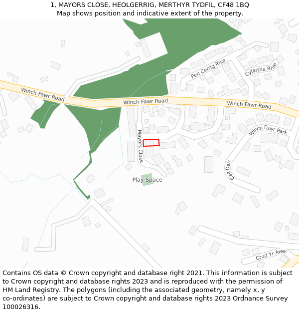 1, MAYORS CLOSE, HEOLGERRIG, MERTHYR TYDFIL, CF48 1BQ: Location map and indicative extent of plot