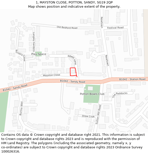 1, MAYSTON CLOSE, POTTON, SANDY, SG19 2QP: Location map and indicative extent of plot