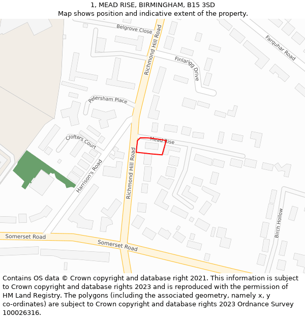 1, MEAD RISE, BIRMINGHAM, B15 3SD: Location map and indicative extent of plot
