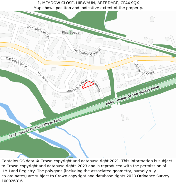 1, MEADOW CLOSE, HIRWAUN, ABERDARE, CF44 9QX: Location map and indicative extent of plot