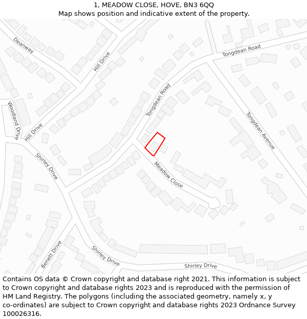 1, MEADOW CLOSE, HOVE, BN3 6QQ: Location map and indicative extent of plot