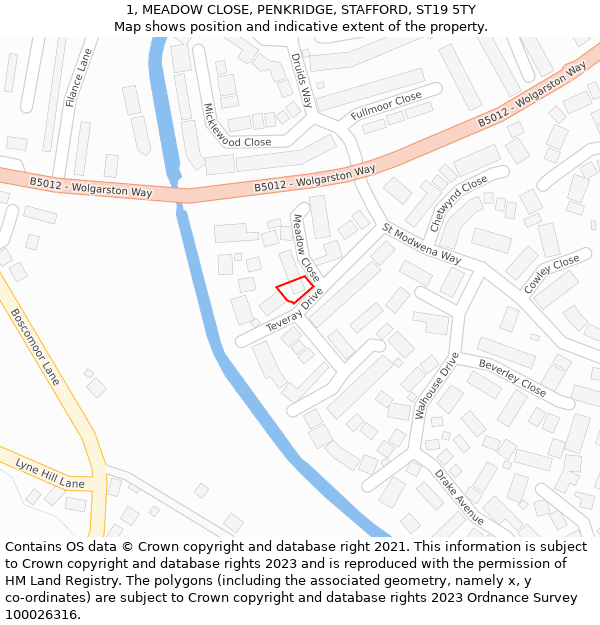 1, MEADOW CLOSE, PENKRIDGE, STAFFORD, ST19 5TY: Location map and indicative extent of plot