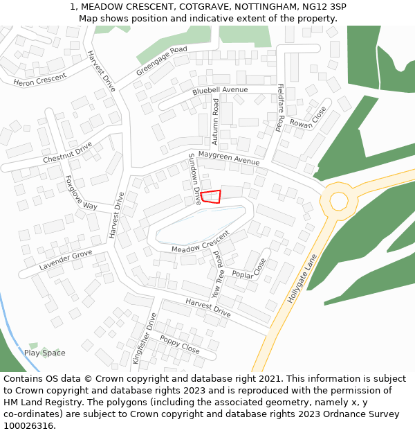 1, MEADOW CRESCENT, COTGRAVE, NOTTINGHAM, NG12 3SP: Location map and indicative extent of plot