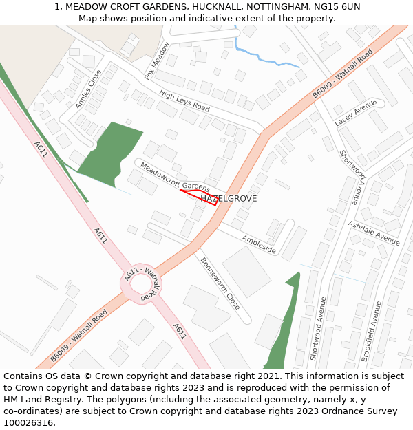 1, MEADOW CROFT GARDENS, HUCKNALL, NOTTINGHAM, NG15 6UN: Location map and indicative extent of plot