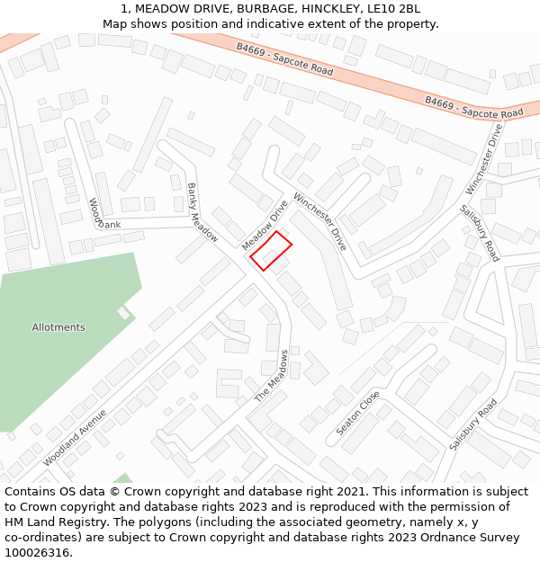 1, MEADOW DRIVE, BURBAGE, HINCKLEY, LE10 2BL: Location map and indicative extent of plot