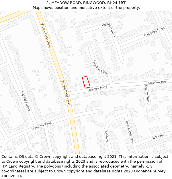 1, MEADOW ROAD, RINGWOOD, BH24 1RT: Location map and indicative extent of plot