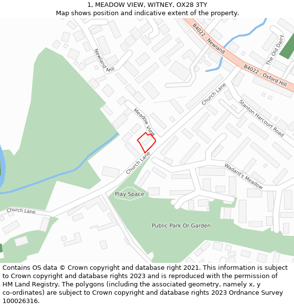 1, MEADOW VIEW, WITNEY, OX28 3TY: Location map and indicative extent of plot