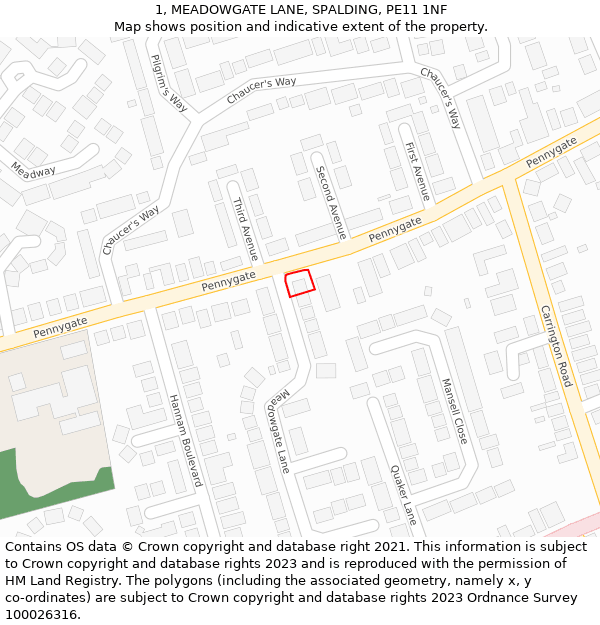 1, MEADOWGATE LANE, SPALDING, PE11 1NF: Location map and indicative extent of plot