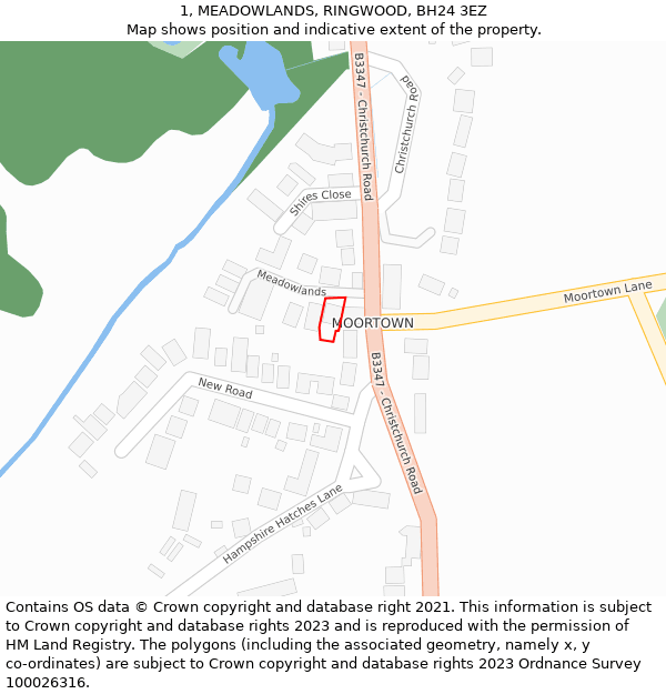 1, MEADOWLANDS, RINGWOOD, BH24 3EZ: Location map and indicative extent of plot