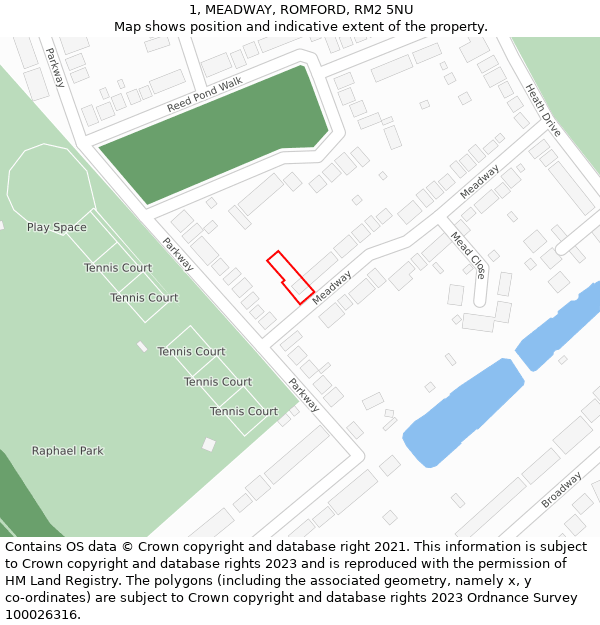 1, MEADWAY, ROMFORD, RM2 5NU: Location map and indicative extent of plot