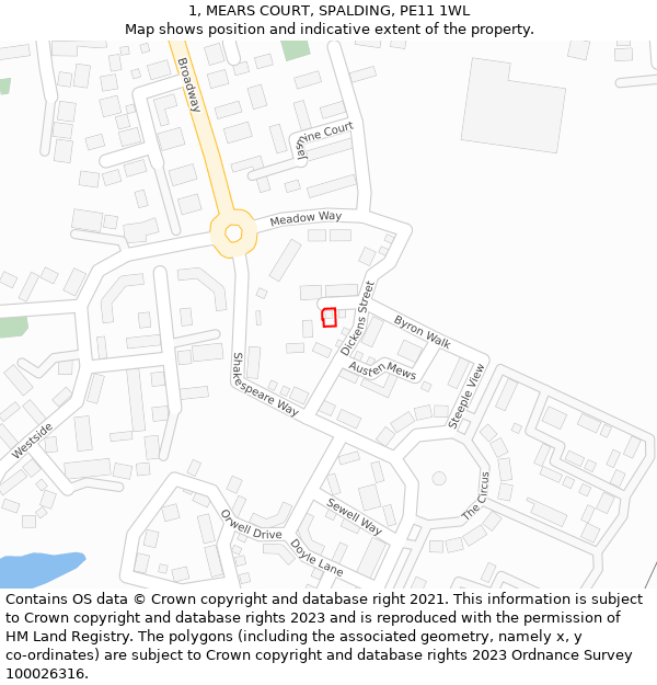 1, MEARS COURT, SPALDING, PE11 1WL: Location map and indicative extent of plot