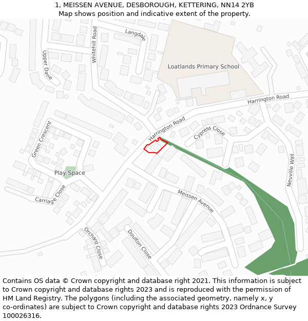1, MEISSEN AVENUE, DESBOROUGH, KETTERING, NN14 2YB: Location map and indicative extent of plot