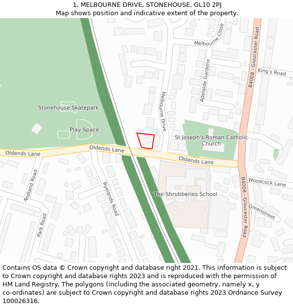 1, MELBOURNE DRIVE, STONEHOUSE, GL10 2PJ: Location map and indicative extent of plot