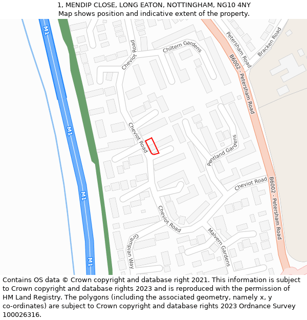 1, MENDIP CLOSE, LONG EATON, NOTTINGHAM, NG10 4NY: Location map and indicative extent of plot