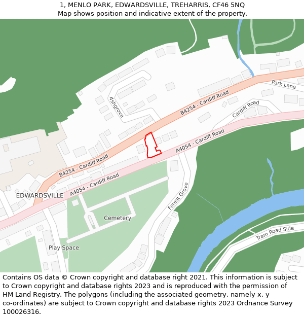 1, MENLO PARK, EDWARDSVILLE, TREHARRIS, CF46 5NQ: Location map and indicative extent of plot