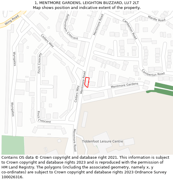 1, MENTMORE GARDENS, LEIGHTON BUZZARD, LU7 2LT: Location map and indicative extent of plot