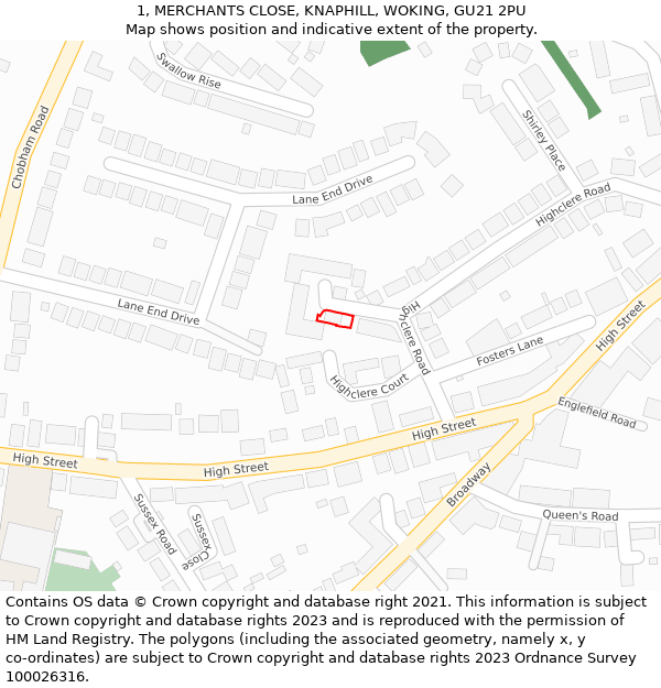 1, MERCHANTS CLOSE, KNAPHILL, WOKING, GU21 2PU: Location map and indicative extent of plot