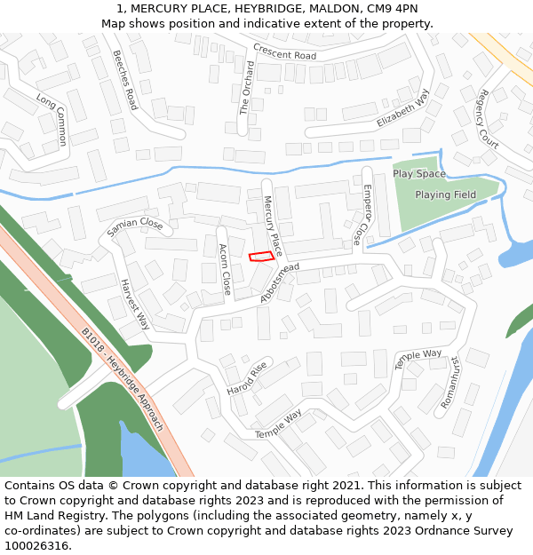 1, MERCURY PLACE, HEYBRIDGE, MALDON, CM9 4PN: Location map and indicative extent of plot