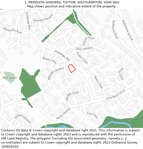 1, MEREDITH GARDENS, TOTTON, SOUTHAMPTON, SO40 8SQ: Location map and indicative extent of plot