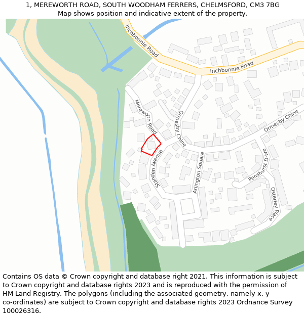 1, MEREWORTH ROAD, SOUTH WOODHAM FERRERS, CHELMSFORD, CM3 7BG: Location map and indicative extent of plot